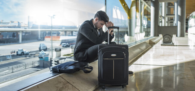 Pessoa sentada em um aeroporto, aparentando cansaço devido ao jet lag após uma longa viagem